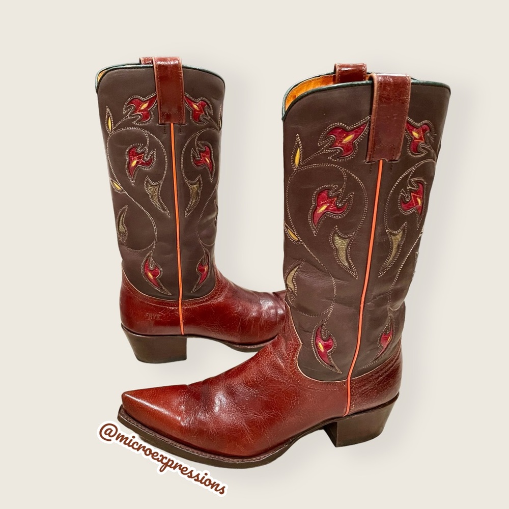 1970s VINTAGE Frye Prairie Flower Boho Brown Real Leather Western Cowboy Boots - Picture 15 of 16